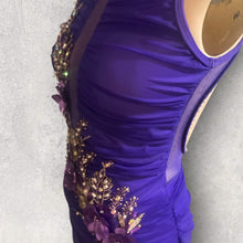 Load image into Gallery viewer, Custom Dance costume, dance competition, purple gathered mesh over light purple spandex dress with appliques and crystals
