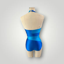 Load image into Gallery viewer, Blue Color Blocked Crossover Halter Neckline Leotard with Appliques and Crystals ready to ship.
