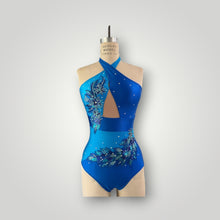 Load image into Gallery viewer, Blue Color Blocked Crossover Halter Neckline Leotard with Appliques and Crystals ready to ship.
