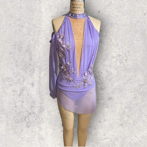 Custom Dance costume, dance competition, lavender mesh over lavender spandex dress with appliques and crystals