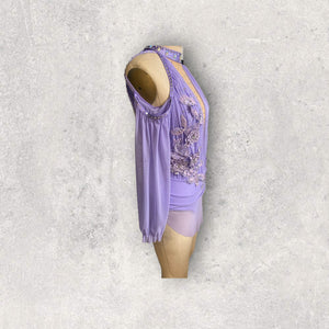 Custom Dance costume, dance competition, lavender mesh over lavender spandex dress with appliques and crystals