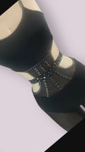 Load and play video in Gallery viewer, Black Unitard with black mesh legs, belt and crystals
