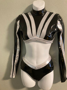 Custom made costume for Liz, black PVC with silver mystique contrast