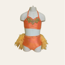 Load image into Gallery viewer, Custom Dance costume, dance competition costume, handmade dance costume, orange two piece costume with feathers
