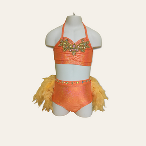 Custom Dance costume, dance competition costume, handmade dance costume, orange two piece costume with feathers
