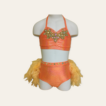 Load image into Gallery viewer, Custom Dance costume, dance competition costume, handmade dance costume, orange two piece costume with feathers
