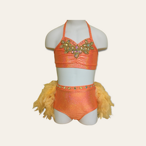 Custom Dance costume, dance competition costume, handmade dance costume, orange two piece costume with feathers