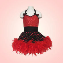 Load image into Gallery viewer, Custom Dance costume, dance competition costume, handmade dance costume, red and black costume with feathers
