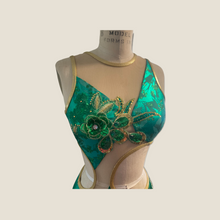 Load image into Gallery viewer, Competitive Dance costume, leotard, bodysuit, emerald green with applique, mesh cutouts and crystals
