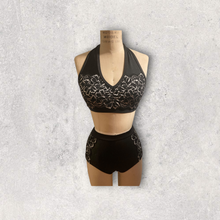 Load image into Gallery viewer, Competitive Dance costume, two piece set, halter top and panties with lace, custom made costume, made to order
