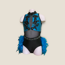 Load image into Gallery viewer, Custom Dance costume, dance competition costume, handmade dance costume, turquoise and black one piece costume with feathers made to order

