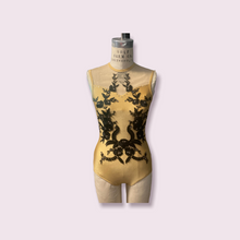 Load image into Gallery viewer, Competitive Dance costume, leotard, bodysuit, beige with black applique and crystals
