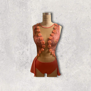 Competitive Dance costume, leotard, bodysuit, coral color with 3d flower applique, back skirt mesh cutouts and crystals