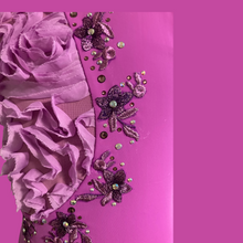 Load image into Gallery viewer, Dance costume made to order, flower appliqués, crystals, competitive costume, orchid color bodysuit with roses mesh
