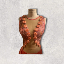 Load image into Gallery viewer, Competitive Dance costume, leotard, bodysuit, coral color with 3d flower applique, back skirt mesh cutouts and crystals
