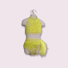 Load image into Gallery viewer, Custom Dance costume, dance competition costume, handmade dance costume, neon yellow 2 piece costume with feathers made to order
