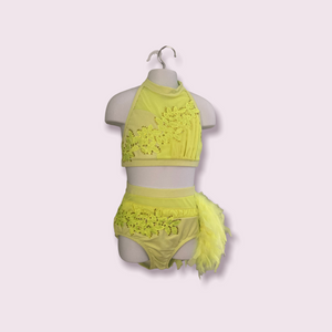 Custom Dance costume, dance competition costume, handmade dance costume, neon yellow 2 piece costume with feathers made to order
