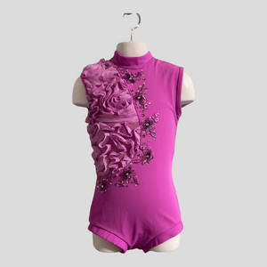 Dance costume made to order, flower appliqués, crystals, competitive costume, orchid color bodysuit with roses mesh