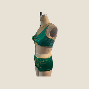 Competitive Dance costume, leotard, bodysuit, emerald green with applique, mesh cutouts and crystals