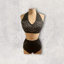 Load image into Gallery viewer, Competitive Dance costume, two piece set, halter top and panties with lace, custom made costume, made to order
