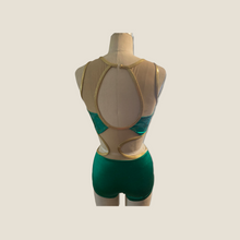 Load image into Gallery viewer, Competitive Dance costume, leotard, bodysuit, emerald green with applique, mesh cutouts and crystals
