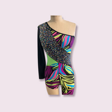 Load image into Gallery viewer, Custom Dance costume, dance competition costume, handmade dance costume, asymmetrical unitard, catsuit in a multicolor print with contrast
