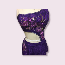 Load image into Gallery viewer, Competitive Costume made to order Purple Dance Costume with Applique and Crystals asymmetrical top attached to skirt and dance panty

