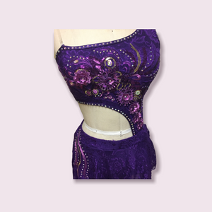 Competitive Costume made to order Purple Dance Costume with Applique and Crystals asymmetrical top attached to skirt and dance panty