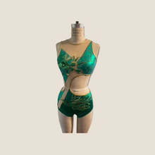 Load image into Gallery viewer, Competitive Dance costume, leotard, bodysuit, emerald green with applique, mesh cutouts and crystals
