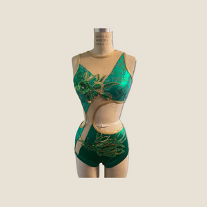 Competitive Dance costume, leotard, bodysuit, emerald green with applique, mesh cutouts and crystals